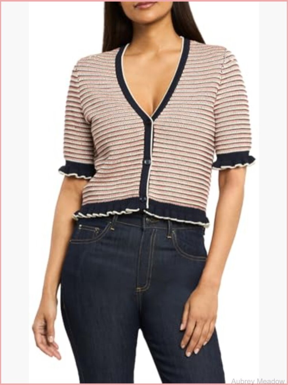 Button Front Short Sleeve Ruffle Cardigan Sweater - Picture 3 of 4